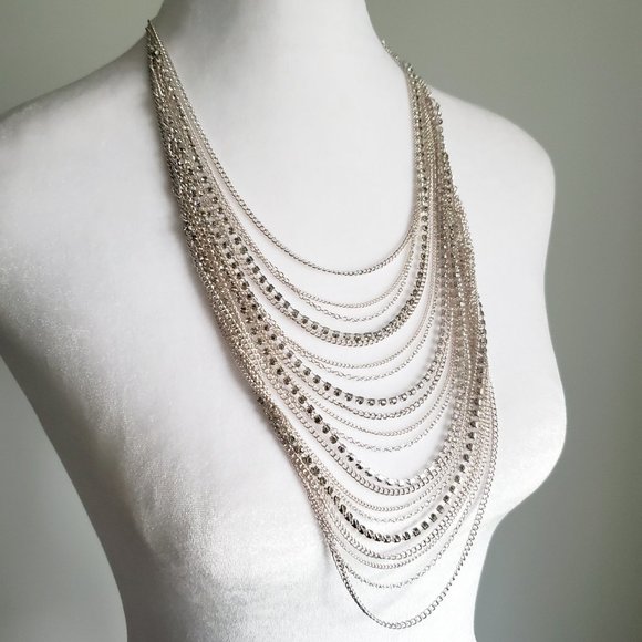 Multi-strand Silver Statement Bib Necklace Layered Chains Strands & Rhinestones - Picture 4 of 5